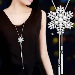 2023 Snowflake Zircon Long Sweater Chain Fashion Crystal Flower Pearl Tassel Adjustable Pendant Necklace New Jewelry for Women