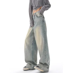 Y2K Blue Jeans for Women High Quality High Waist American Street Wide Leg Pants Hip Hop Vintage Straight 2024 Autumn Trousers