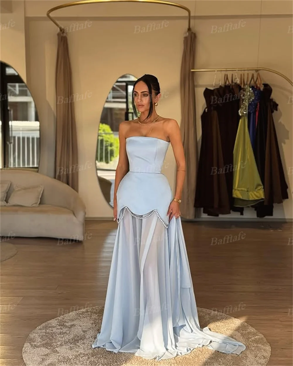 

Bafftafe Sky Blue Chiffon Satin Long Prom Dresses With Wrap Customized Evening Dress Pearls Women Formal Party Occasion Gowns