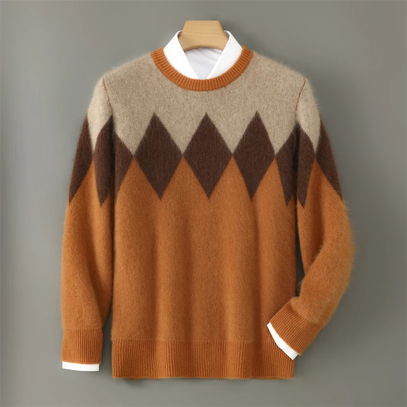 

Мужской жаккардовый вязаный свитер с бриллиантами, модный стиль для отдыха, цветные блокировки, мужской пуловер, 100% австралийская шерсть, осень, зима