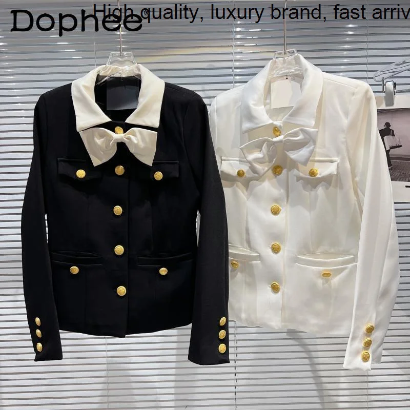 

Butterfly Tie Sweet Metal Buckle Suit Jacket Women Lapel Long Sleeve Black White Blazer Coats OuterWear 2023 Spring New Clothes