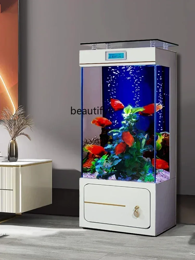 

54Household Super White Floor Fish Tank Light Luxury Back Filter Wall-Free Aquarium Vertical Fish GlobessSSS