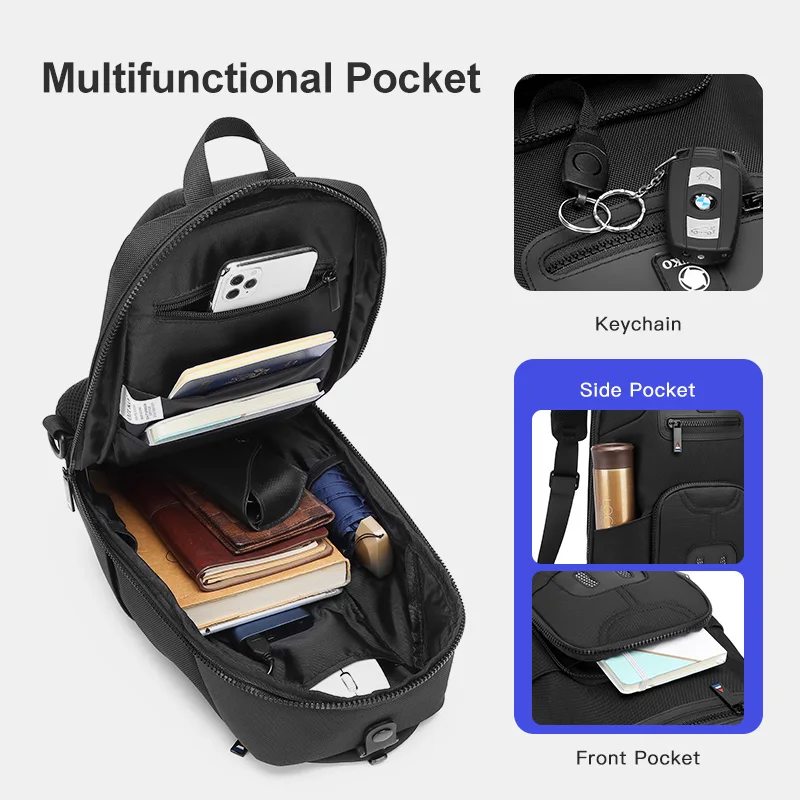 Ozuko-Sacos Crossbody impermeáveis para adolescente, bolsa de ombro para homens, bolsa de peito multi bolso, mensageiro masculino, bolsa de viagem USB, qualidade