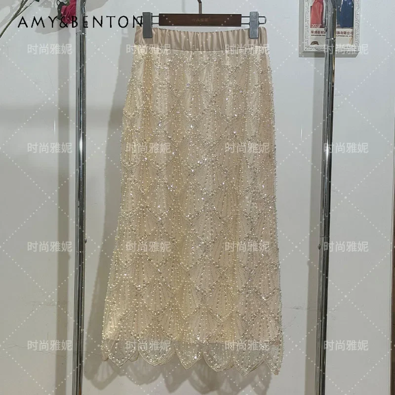 2024 Autumn New Long-sleeved Top Heavy Industry Half-body Medium-length Skirt With Diamonds Sequins Pearl Beads Clothes Female