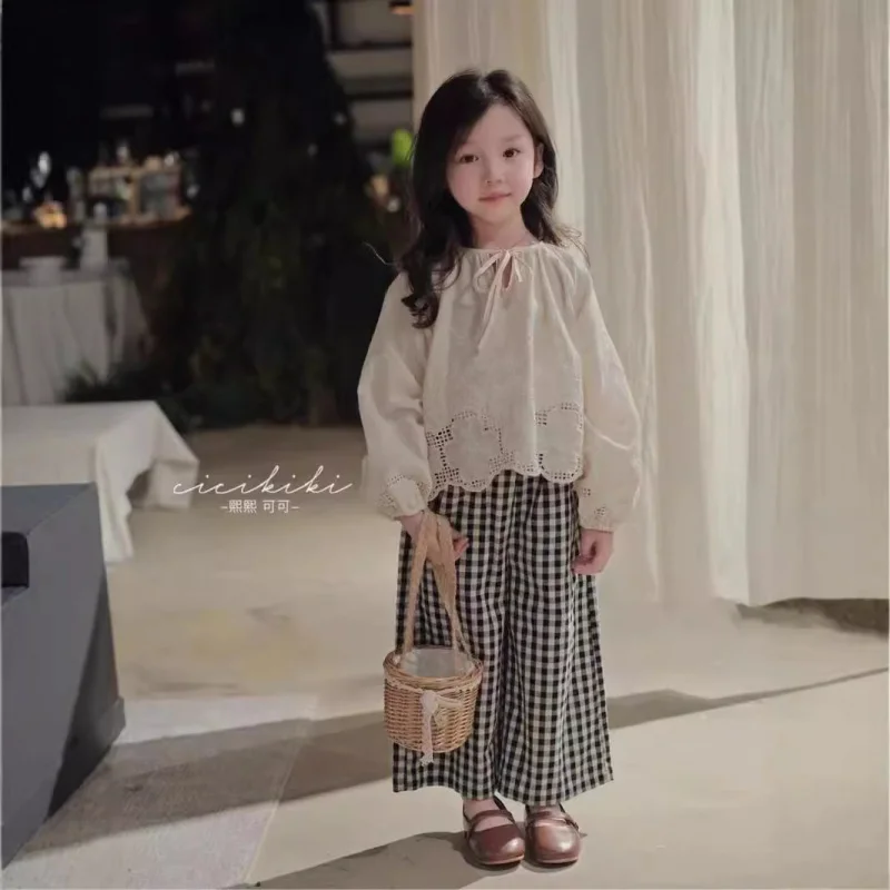 

Children's Outfit New Style Girls' Spring and Autumn Fashionable Baby Forest Style Embroidered Shirt Plaid Wide-leg Pants Two-pi