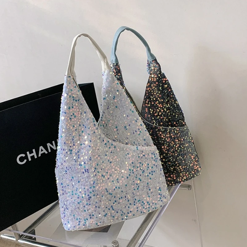 

New Women's Handbag Fashion High Quality Glitter Multi Functional Shoulder Bag Solid Color Versatile Large Capacity Open Pocket