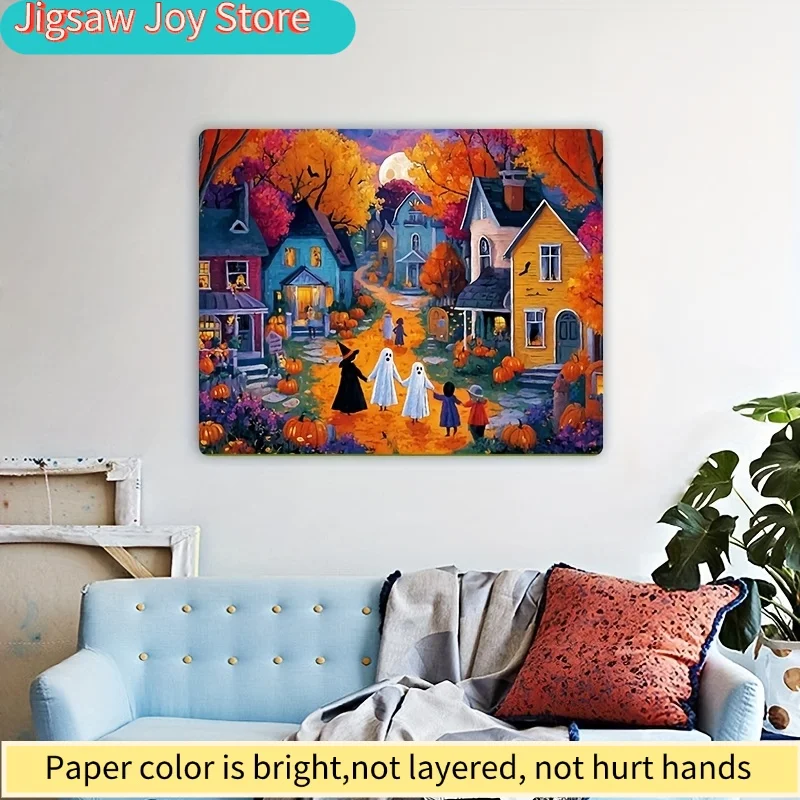 Un puzzle conçu pour les adultes mettant en scène une promenade hantée dans un quartier d'Halloween, parfait pour les jeux de fête et les activités