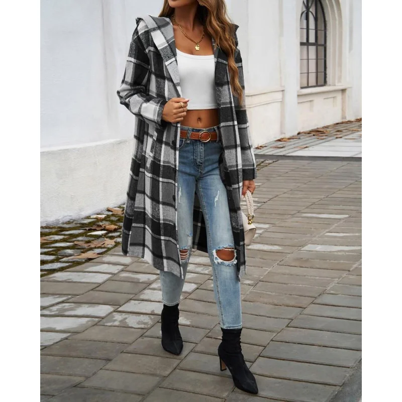 New Plaid Hooded Long-Sleeved Woolen Coat