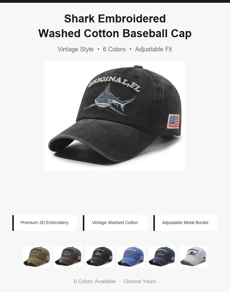 2026 Neue Hochwertige Gewaschene Baumwoll-Baseballkappe mit Amerika-Flagge und Hai-Motiv für Männer und Frauen Snapback Hüte Hip-Hop Dad Hat Gorras – Detail 2