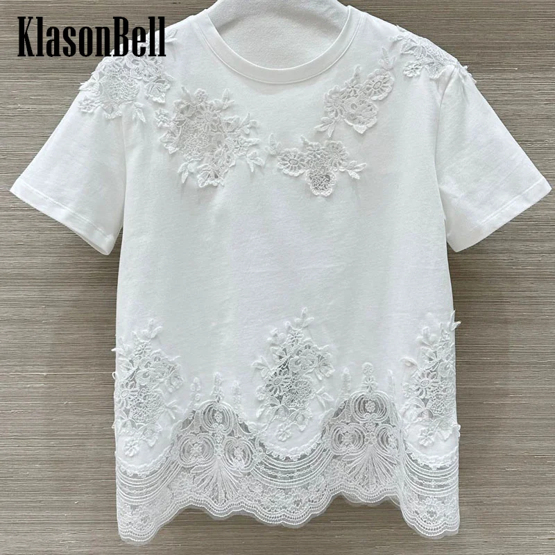 1.19 KlasonBell, camiseta informal clásica con cuello redondo y dobladillo de flores bordado de encaje de alta calidad con temperamento de algodón empalmado para mujer