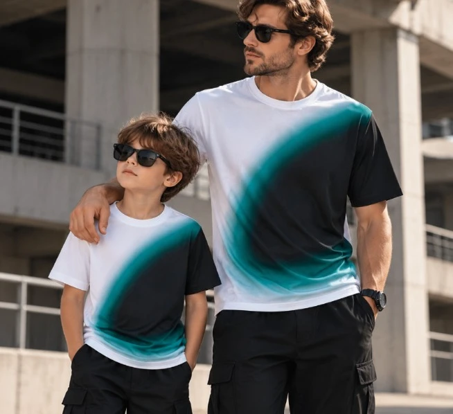 Men's gradient printed T-shirt quick drying breathable round neck short sleeved running and fitness sports top children's style