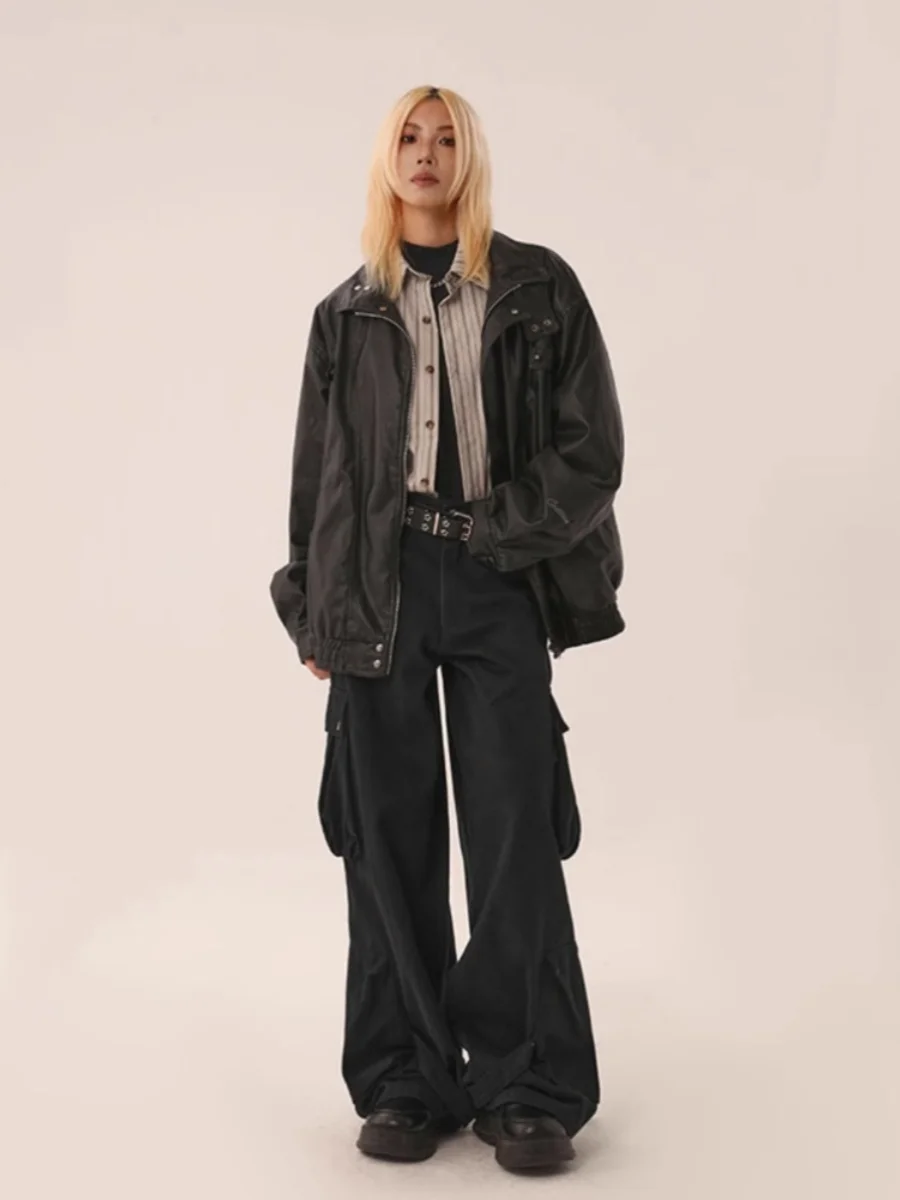 

Американский ретро-косуха из искусственной кожи для женщин, уличная одежда, воротник-стойка, весенне-осенняя модная брендовая куртка