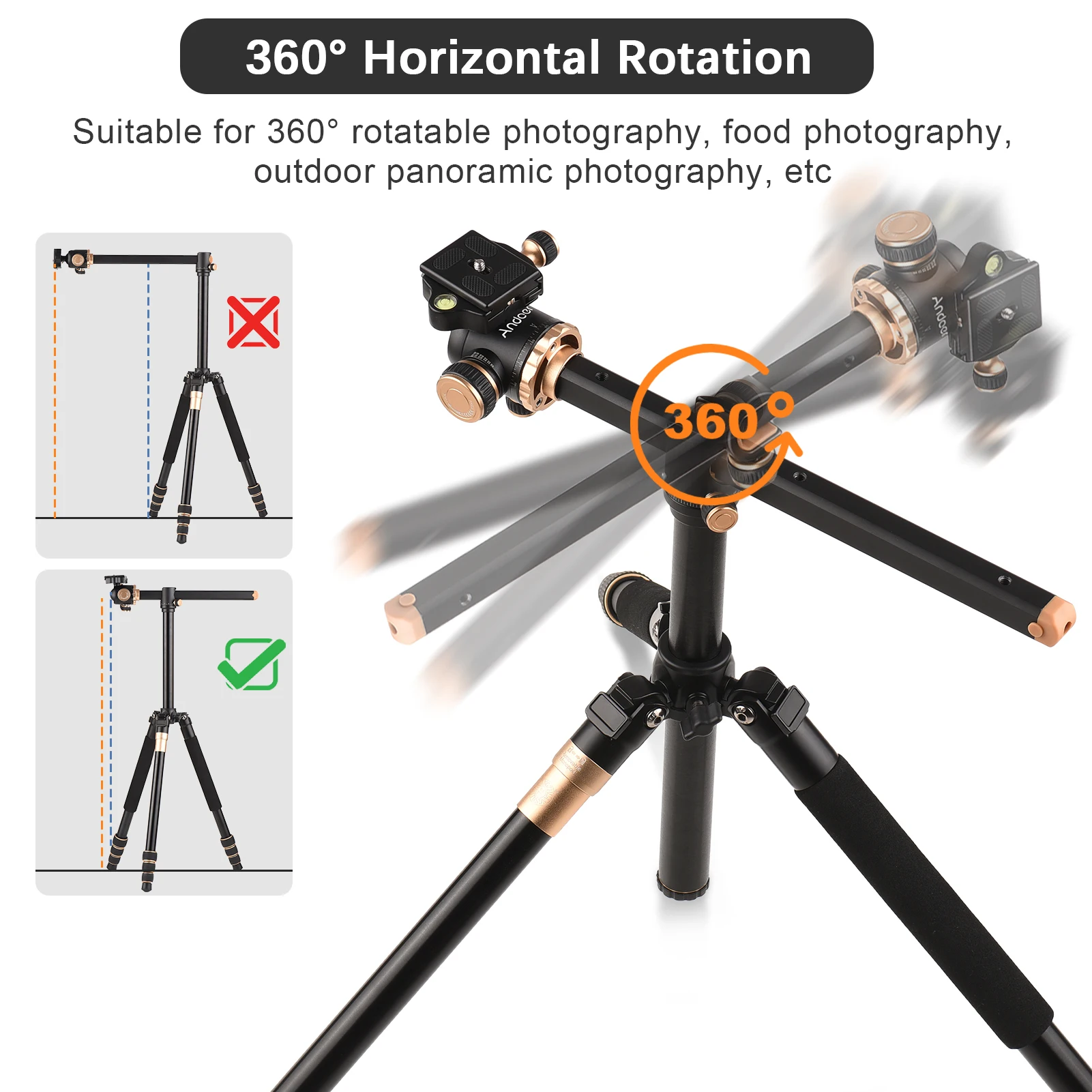 184cm/72.4in Portable Photography Tripod Horizontal Camera Tripod Stand Monopod Aluminum Alloy 8kg/17.6lbs Load Capacity with