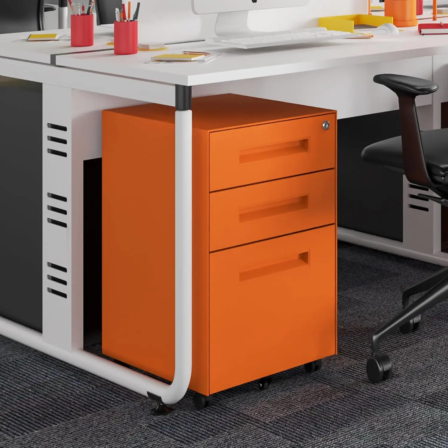 3 Drawer Orange File Cabinet, Mobile Under Desk Storage File Cabinet with Lock on Wheels, Fully Assembled, Letter/Legal Size, Sm