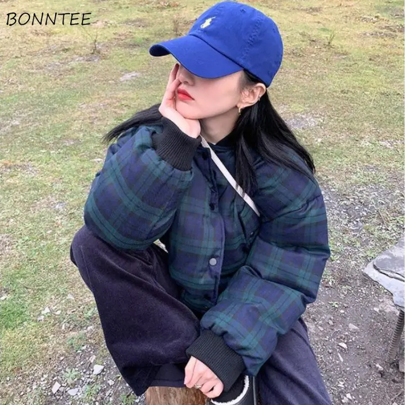 Short Style Parkas Women BF Winter Korean Fashion Vintage Plaid Simple Basic Outwear Female All-match Students OOTD Ins New Chic