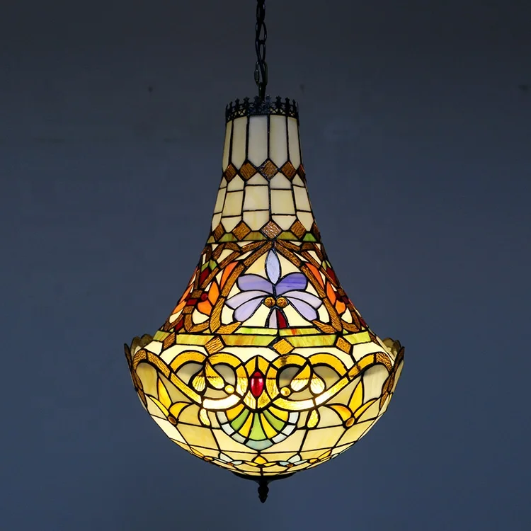 Antique Style Multicoloured Stained Glass Pendant Chandelier Kitchen Lighting Tiffany Baroque Design LED Iron Frame