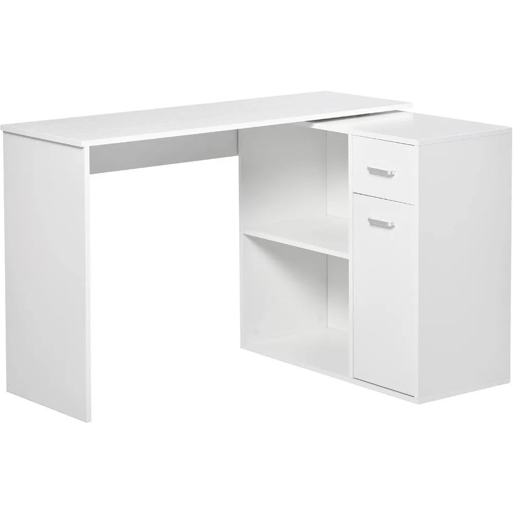 L Shaped Computer Desk, 180° Rotating Corner Desk with Storage Shelves, Drawer and Cabinet, Study Workstation for Home