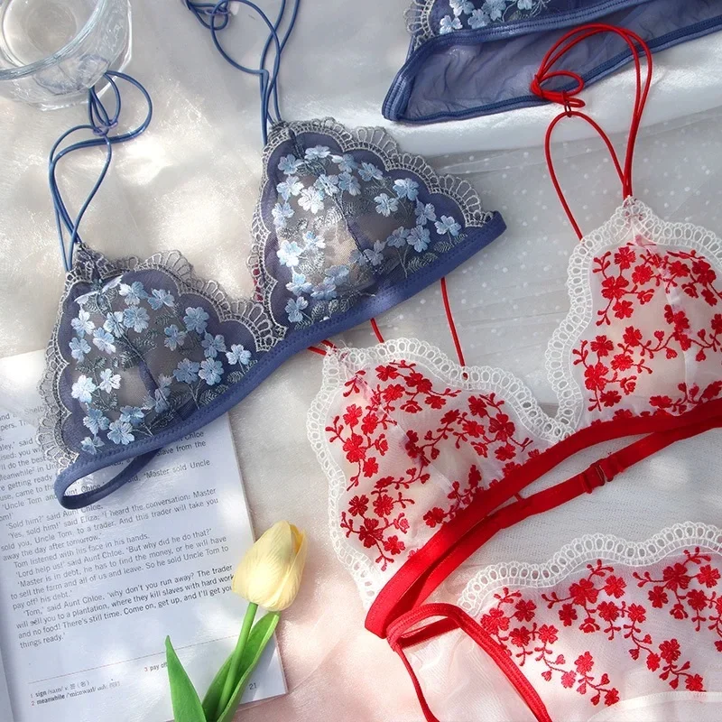 

Сексуальное нижнее белье с тонкими бретелями на спине, трусы, костюм, нижнее белье с треугольными чашками, ультратонкий комплект с кружевным бюстгальтером без стального кольца для девочек