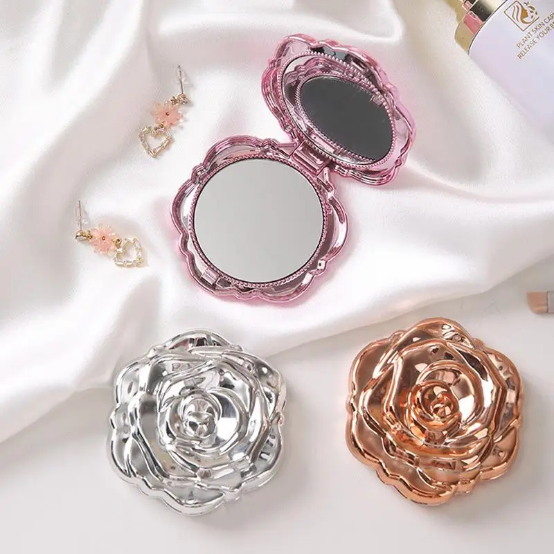 Portable Mini Mirror Retro Rose Flower Shape Small Pocket Makeup Mirror Double Sided Hand Mirrors Compact Cosmetic Beauty Girls