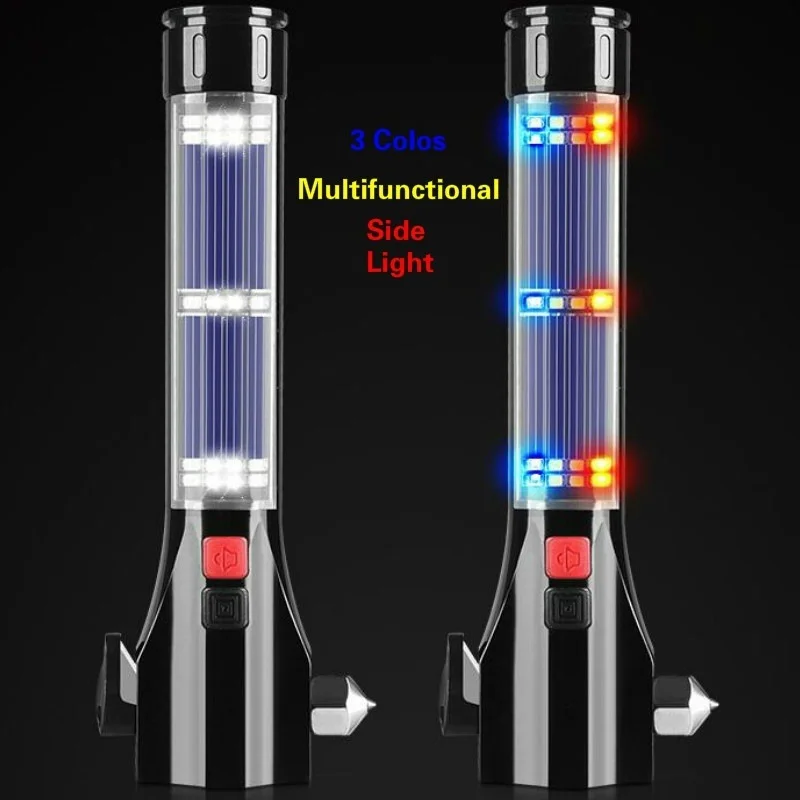 Multi-function USB Rechargeable Solar LED Flashlight Emergency Torch Safety Hammer Car Emergency Tool