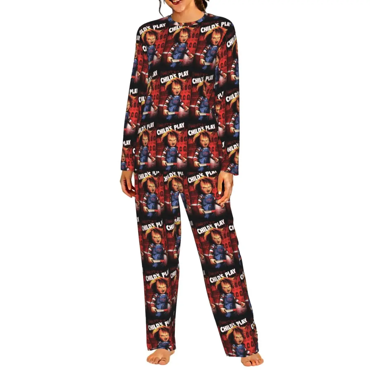 Child's Play Game Of Chucky Round Neck Long Sleeve Nightgowns for Sleeping Sleepshirts Women Loose Pajama Set Long Pants