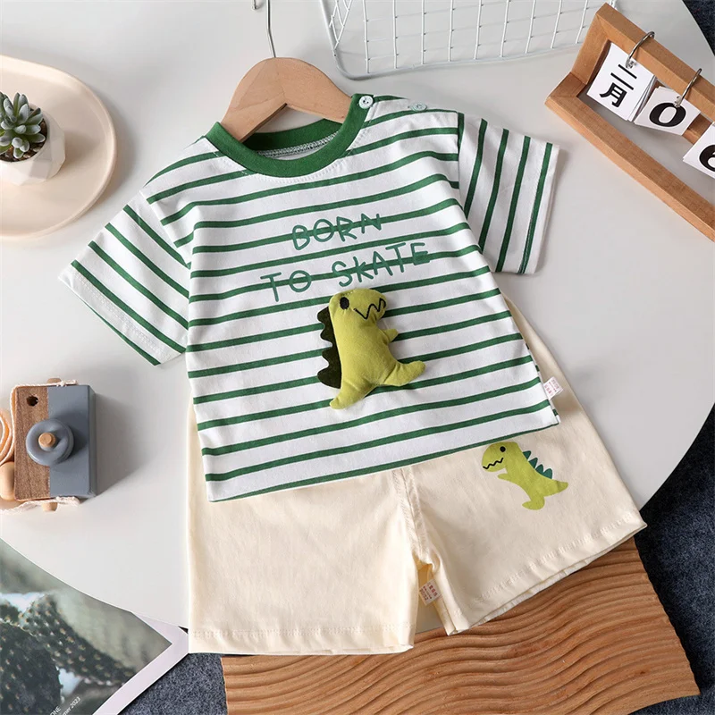 Conjunto de ropa para niños, camiseta + pantalones cortos para bebé, ropa de verano, chándal informal de algodón con dibujos animados para niños, conjunto de ropa para bebé