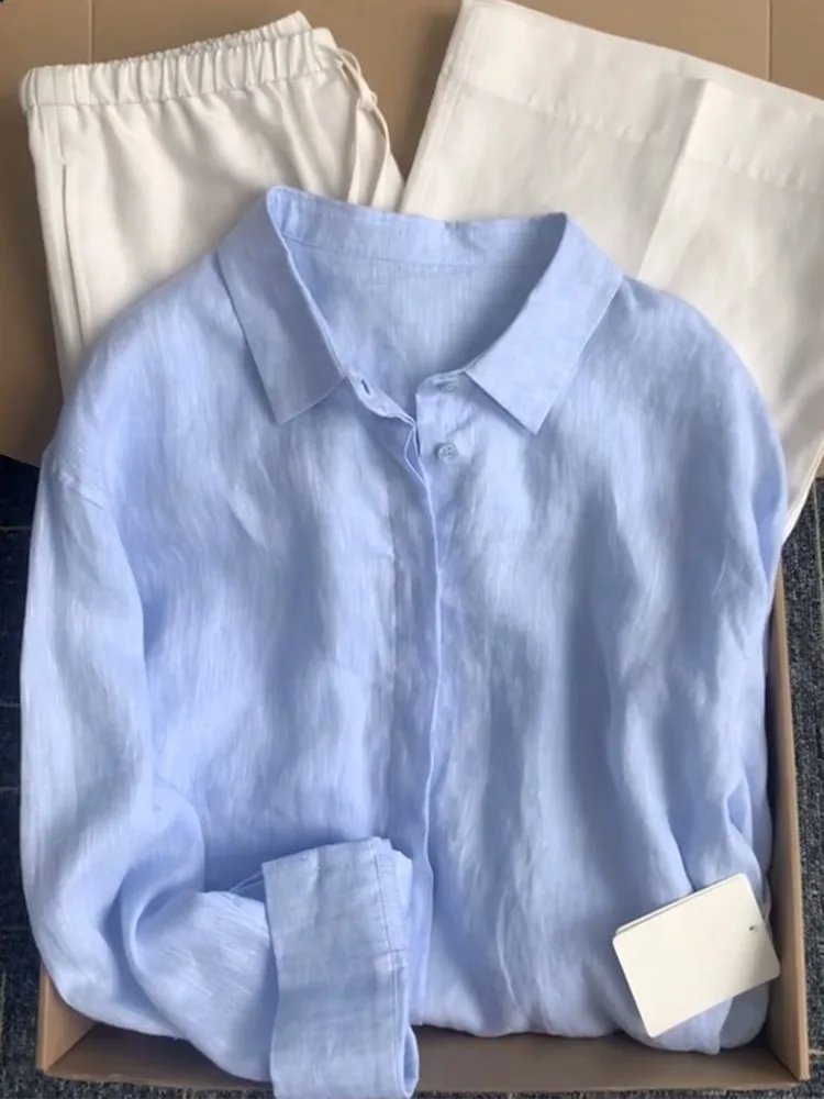 Camisa holgada informal de algodón y lino con protección solar para mujer, estilo coreano, color liso, cuello vuelto, talla g...