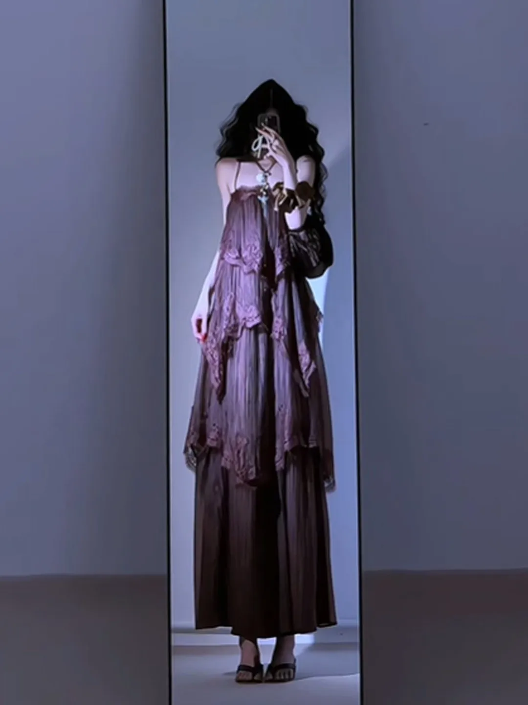 

Retro Unique Beautiful Puffy Cake Strap Long Dress Summer 2026 Seasonal Elegant Loose Waist Cotton Lace Midi Dress