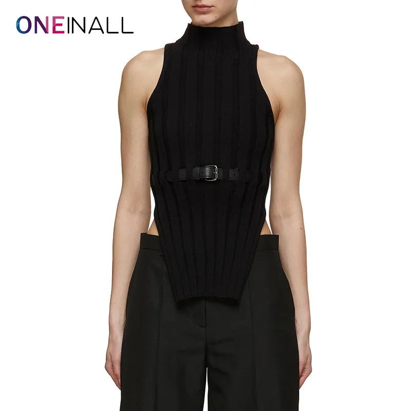 

ONEINAL Sexy Patchwork Belt Tank Tops For Women Stand Neck Sleeveless Minimalist Kintting Slimming Irregular Vests Female New