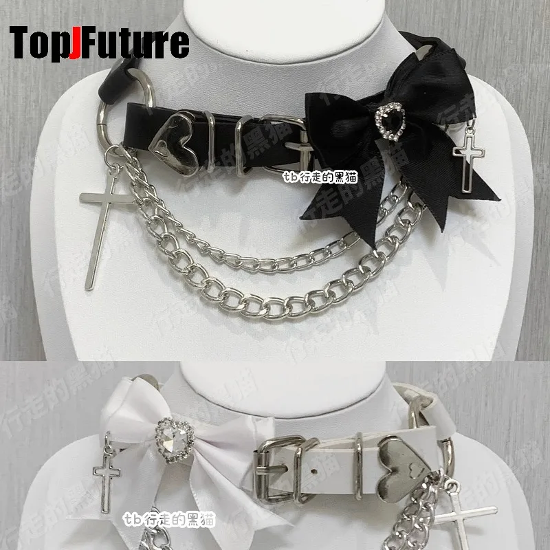 Women Men Harajuku Gothic Lolita Cosplay Punk layer necklace Y2K Girl Colla bow cross chain leather button choker spider chokers
