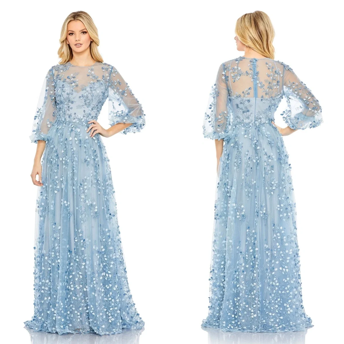 

Glamorous Blue Women Evening Dresses Lace Long Sleeves A Line Prom Gowns Vintage Floor Length Customized Formal Party Gowns