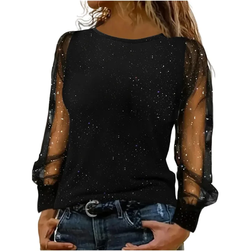 

2025 Fashion Blouse Women Glitter Puff Sleeve Sheer Mesh Print Elegant Long Sleeve Office Shirt Blouses Spring Ladies Casual Top