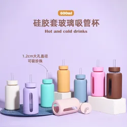 600ml Large Capacity Single-layer Glass Water Bottle with Silicone Sleeve,Time Scale And Straw,Drinkware,Portable Outdoor Cup