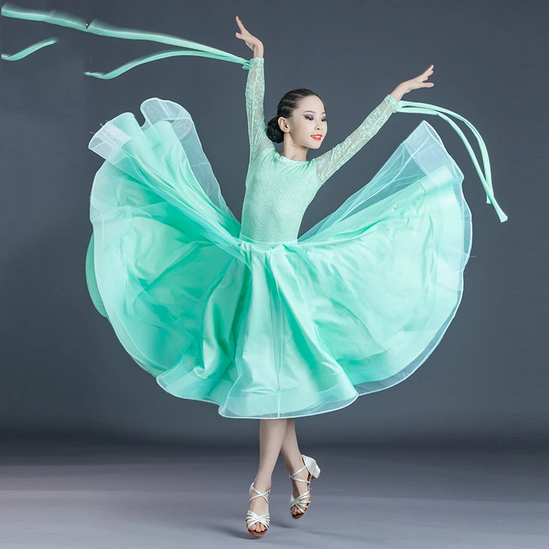 

2026 New Ballroom Dance Competition Dress For Girls Long Sleeved Lace Tops Skirts Suit Waltz Rumba Modern Dance Clothing DN12893