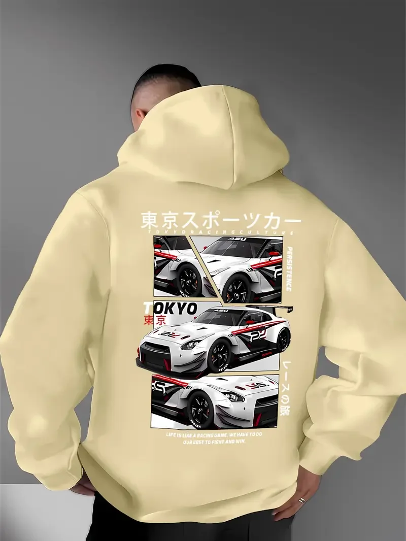 Hinter den Elementen der japanischen Tokyo Motor City steckt ein großformatiger, bedruckter Herren-Kapuzenpullover im lässigen Street-Style, ein Sweatshirt. – Detail 9