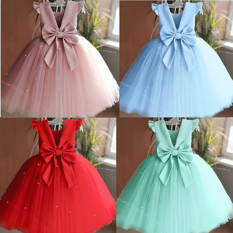 2024 New Summer Backless Baby Girl Party Dress Lace Peals Tulle Tutu Flower Girl Dresses for Weddings Bow Elegant Children Gown
