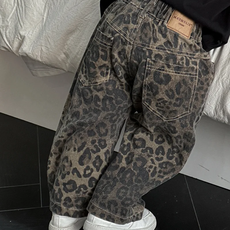 

Children Trousers2024spring And Autumn New Leopard Print Slacks Denim Fashion Boy Jeans Trend Pants Korean Style Denim Pants