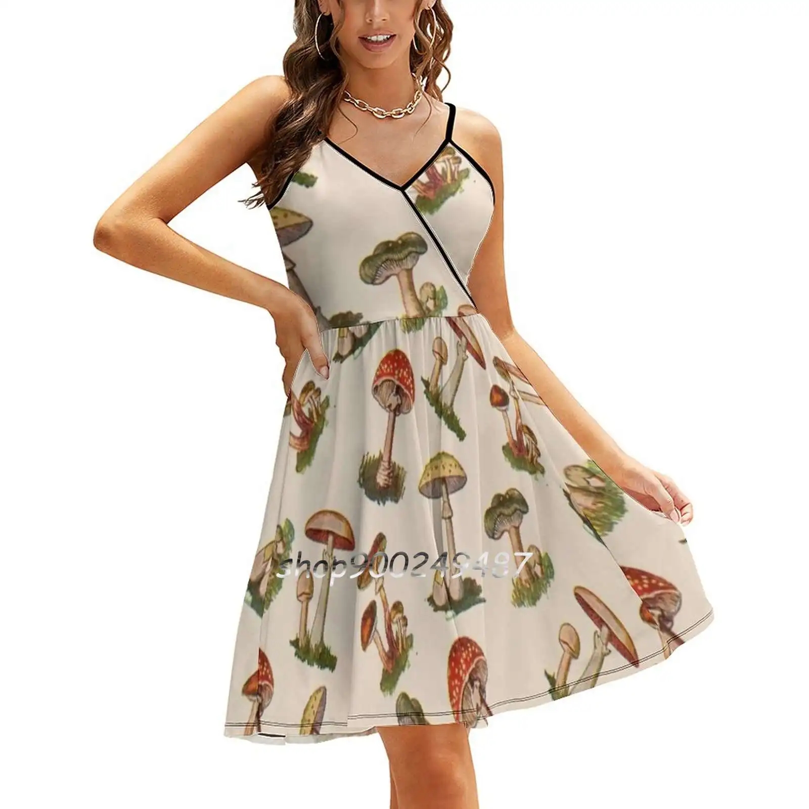 

Mushrooms Sweet Summer Casual Sling Dresses Korean Women Sexy Sundress Mushroom Fungi Nature Magical Food Tree Stump Dead Tree