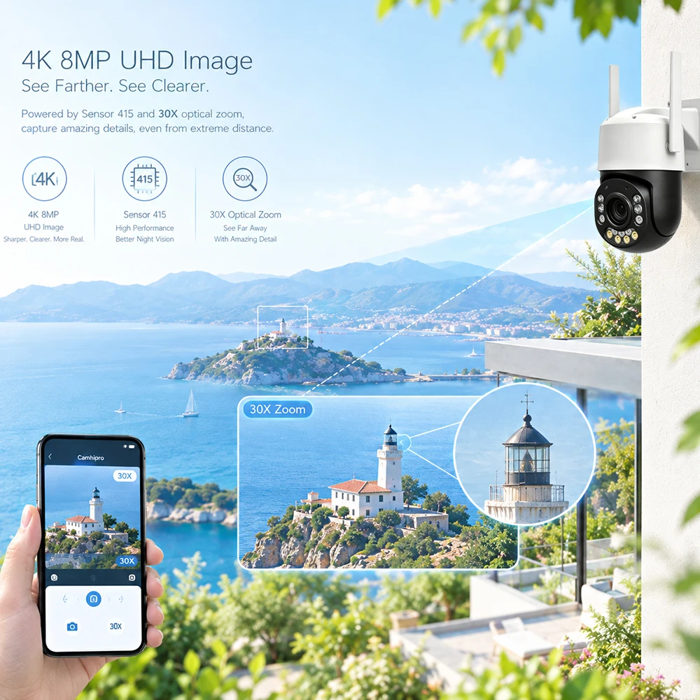 8MP 4K Outdoor 30X Optical Zoom Security Camera WiFi POE Humanoid Vehicle Auto Zoom Tracking Color Night Vision Metal PTZ IP Cam