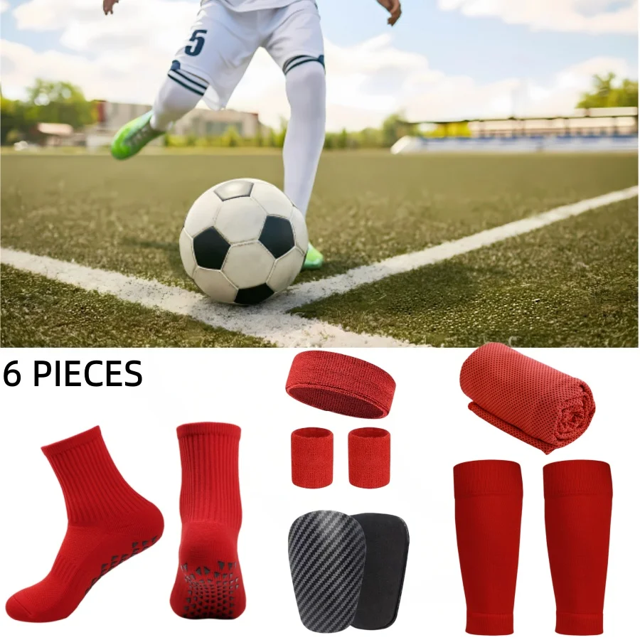 Soccer Essential 6Pcs Gear Pack Shin Pads Headband Wristbands Cooling Towel Grip Socks Calf Sleeves Football Set