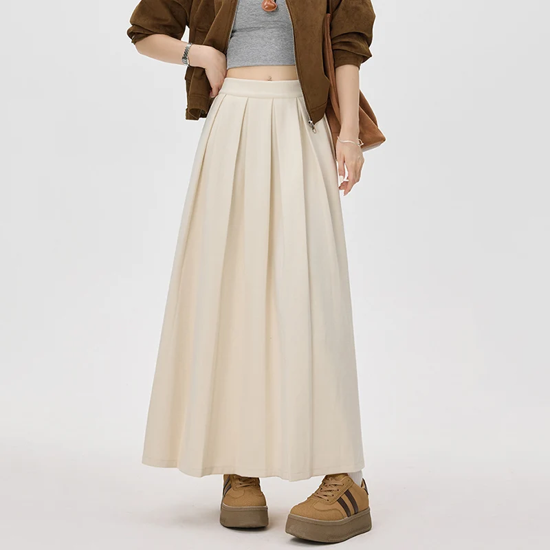 Autumn Winter High Waist Pleated Skirts Women Korean Solid Warm A Line Long Skirt Woman Elegant Large Hem Mid Length Skirts