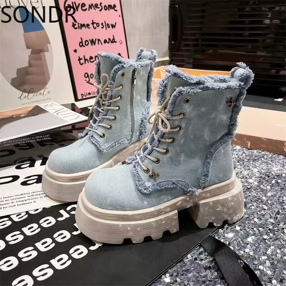 

Womens Denim Jeans Rivet Ankle Boots Platform Chunky High Heel Oxfords Punk Ripped Motorcycle Shoes New 2024