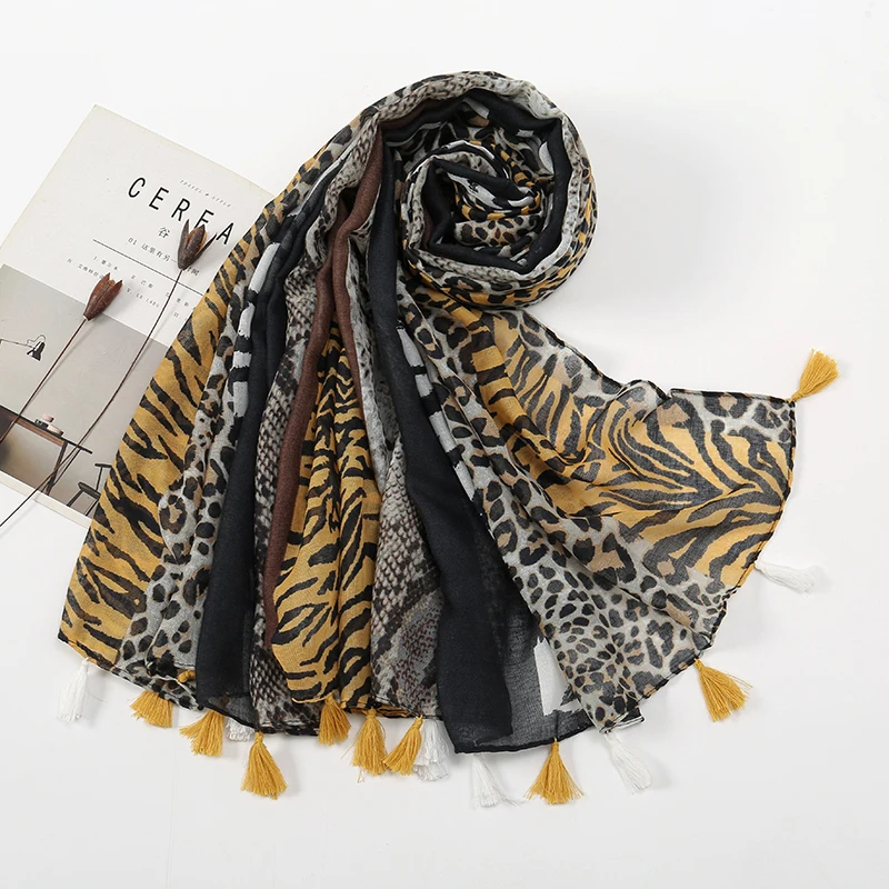 Xaile de borla estampado leopardo para mulheres, envoltórios de viscose, lenço feminino, pashmina fina, estola, lenço Hijab popular, Tippet feminino, moda