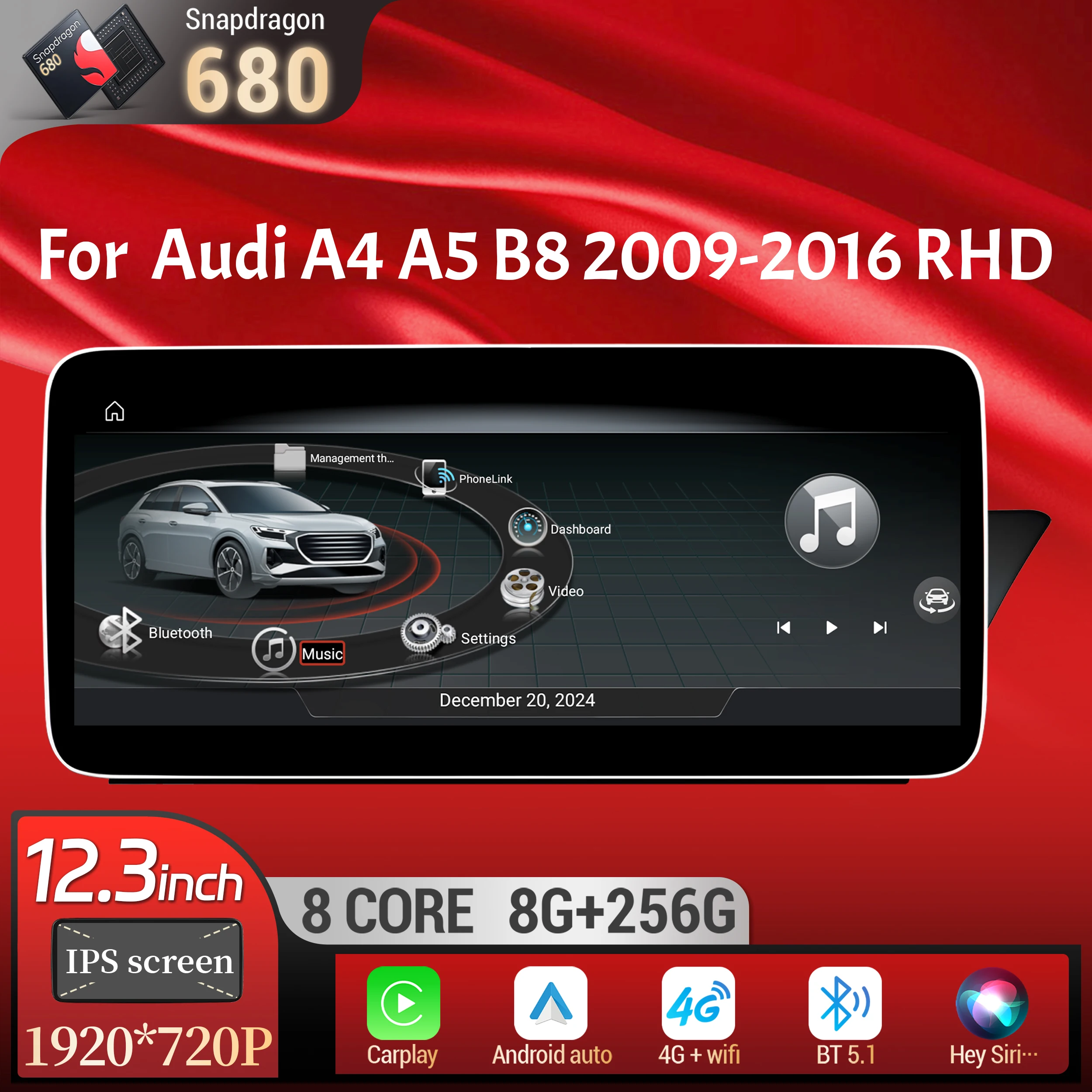 

12.3 inch Right Hand Drive Android 14 Car Radio For Audi A4 A5 B8 2009-2016 BT Carplay Qualcomm Snapdragon 680 Head Unit Screen