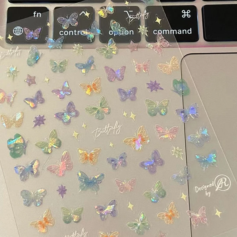 1/5sheets Fashion Butterfly Wing Streamer Laser Stickers Advanced Embossed Nail Art Stickers Colorful Butterfly Fairy Stickers
