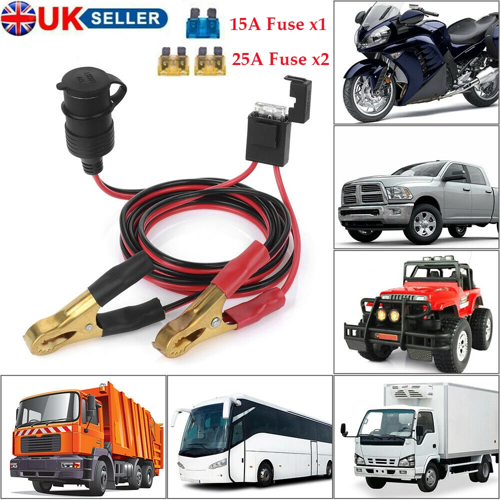 15A/25A  Car Battery Clamp-On Extension Charge Cable Car Lighter Socket To Battery Alligator Crocodile Clip With 3Pcs Fuse Cable