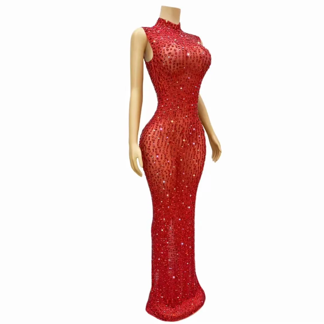 Women Luxury Red Rhinestone Sexy Stretch Mesh Perspective Long Dress Sparkling Stage Perform Costume Club Evening Party Dresses