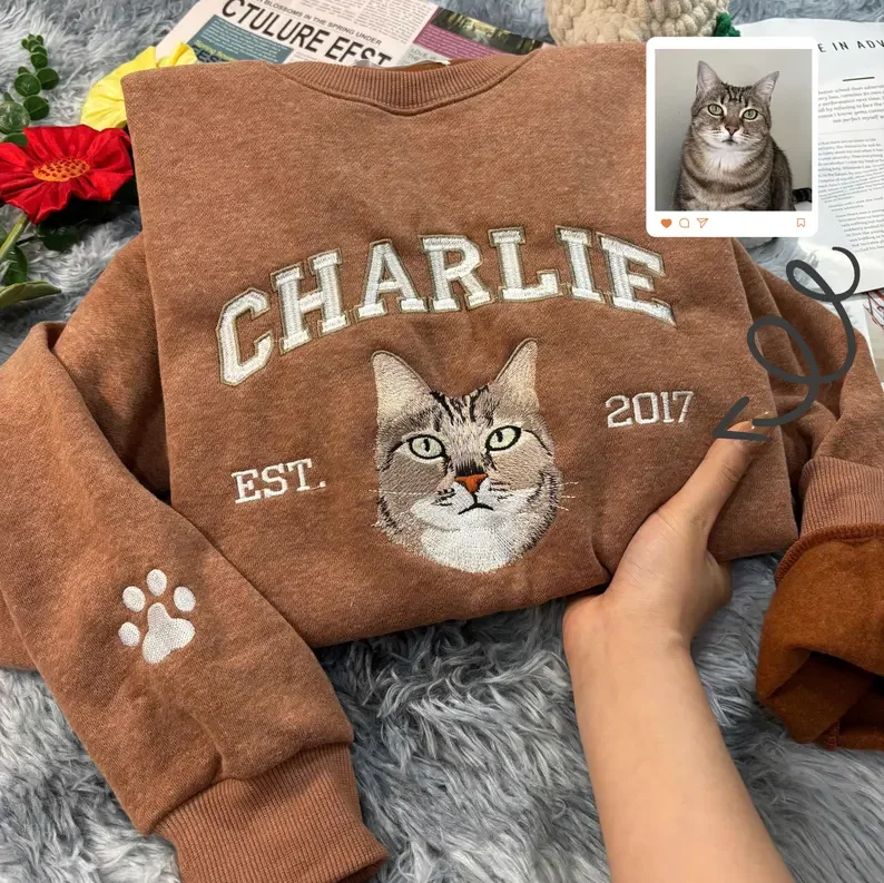 Embroidered Cat Mom Sweatshirt, Custom Cat Est Hoodie, Personalized Cat Lover Gifts, Shirt Pet Portrait Gift, Birthday Gift