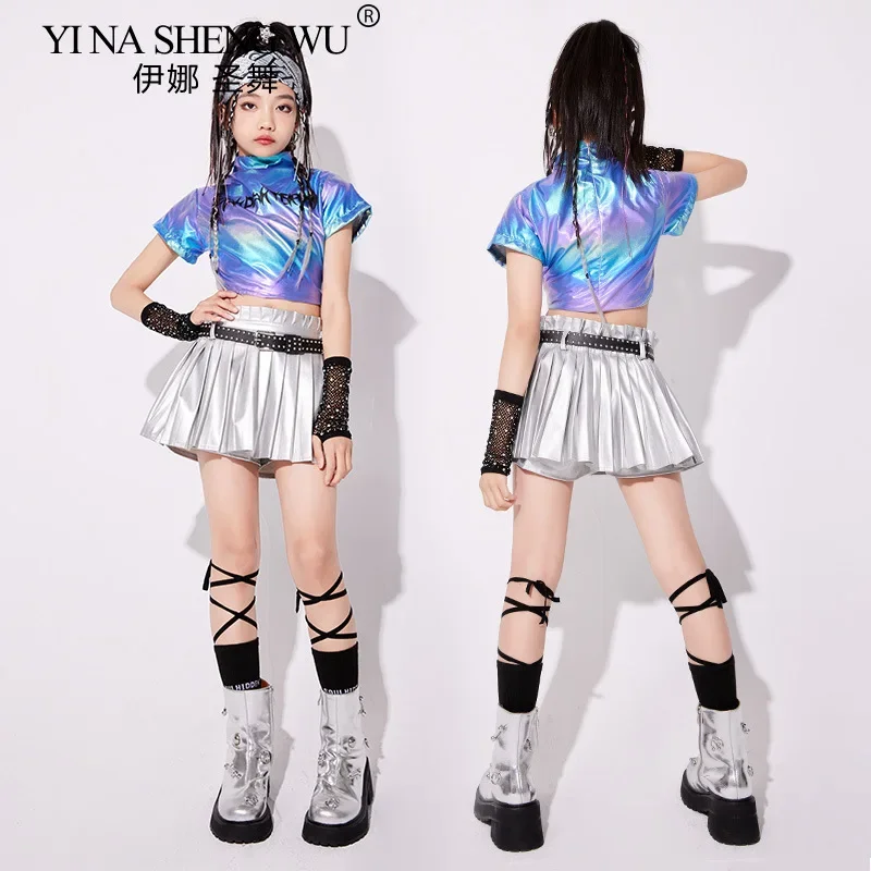 Girls Jazz Dance Costume Kpop Performance Outfit Laser Silver Crop Top And Pleated Skirt Set Street Wear Group Dance Clothes