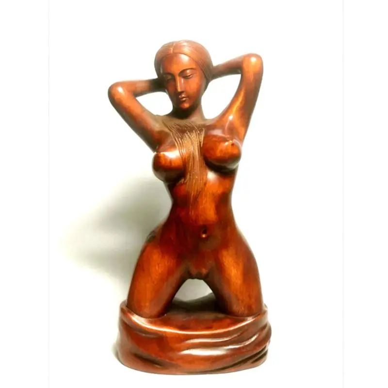 

1919 Antique art Size Old Chinese Boxwood Wood Hand Carving Art Nude Beauty Belle Statue Sculpture